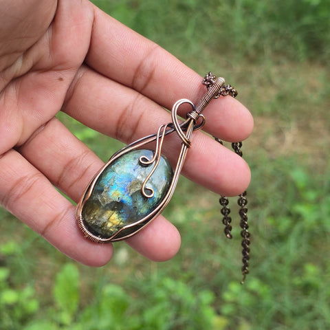 Labradorite Gemstone Handmade Copper Wire Wrap Chain Pendant 3.14