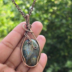 Labradorite Gemstone Handmade Copper Wire Wrap Chain Pendant 3.14" Sunkarton