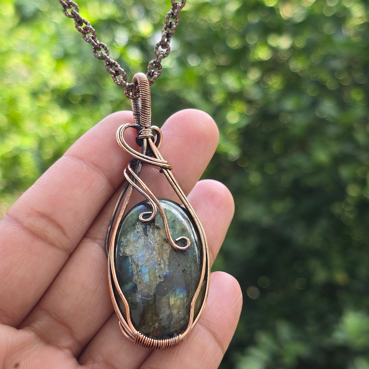 Labradorite Gemstone Handmade Copper Wire Wrap Chain Pendant 3.14" Sunkarton