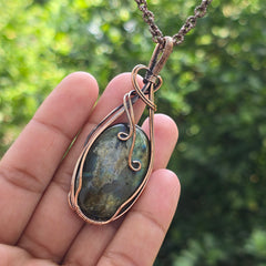 Labradorite Gemstone Handmade Copper Wire Wrap Chain Pendant 3.14" Sunkarton