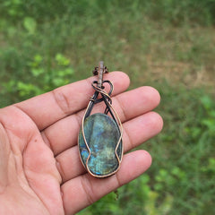 Labradorite Gemstone Handmade Copper Wire Wrap Chain Pendant 3.14" Sunkarton
