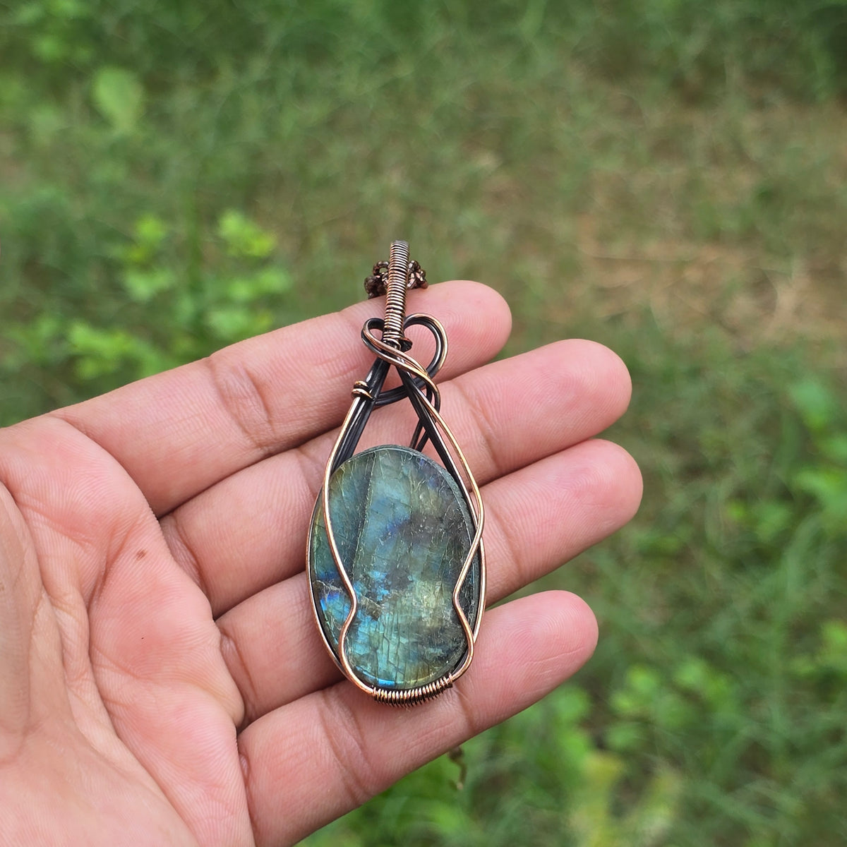 Labradorite Gemstone Handmade Copper Wire Wrap Chain Pendant 3.14" Sunkarton