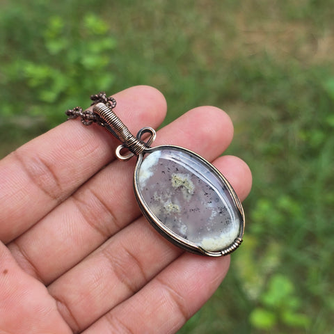 Dendrite Opal Gemstone Handmade Copper Wire Wrap Chain Pendant 2.36