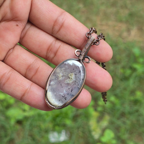 Dendrite Opal Gemstone Handmade Copper Wire Wrap Chain Pendant 2.36