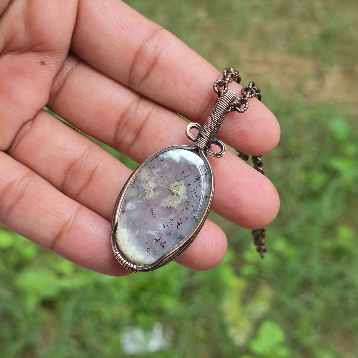Dendrite Opal Gemstone Handmade Copper Wire Wrap Chain Pendant 2.36" Sunkarton