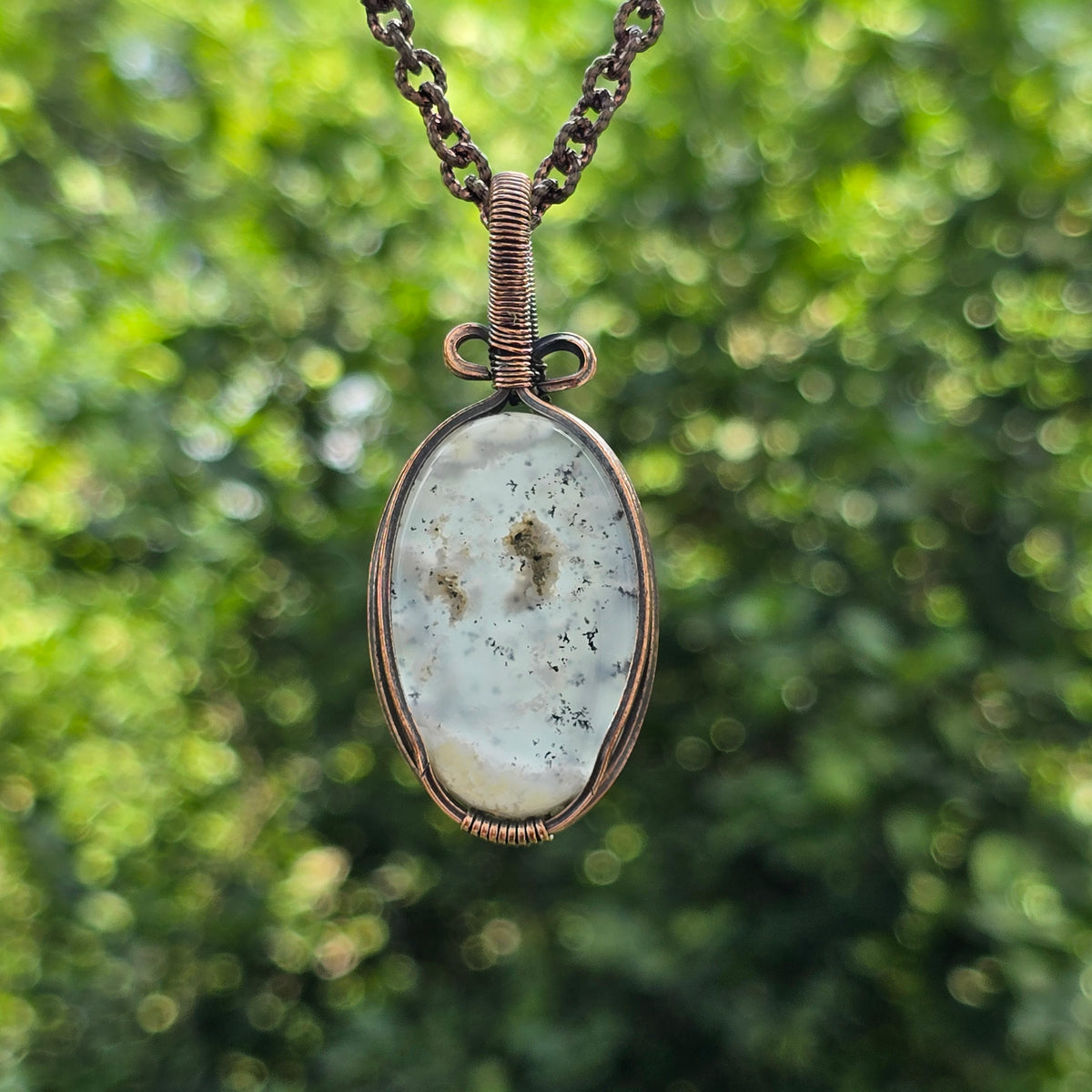 Dendrite Opal Gemstone Handmade Copper Wire Wrap Chain Pendant 2.36" Sunkarton