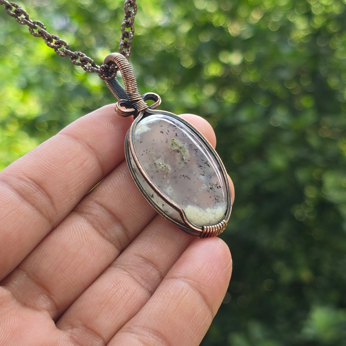 Dendrite Opal Gemstone Handmade Copper Wire Wrap Chain Pendant 2.36" Sunkarton