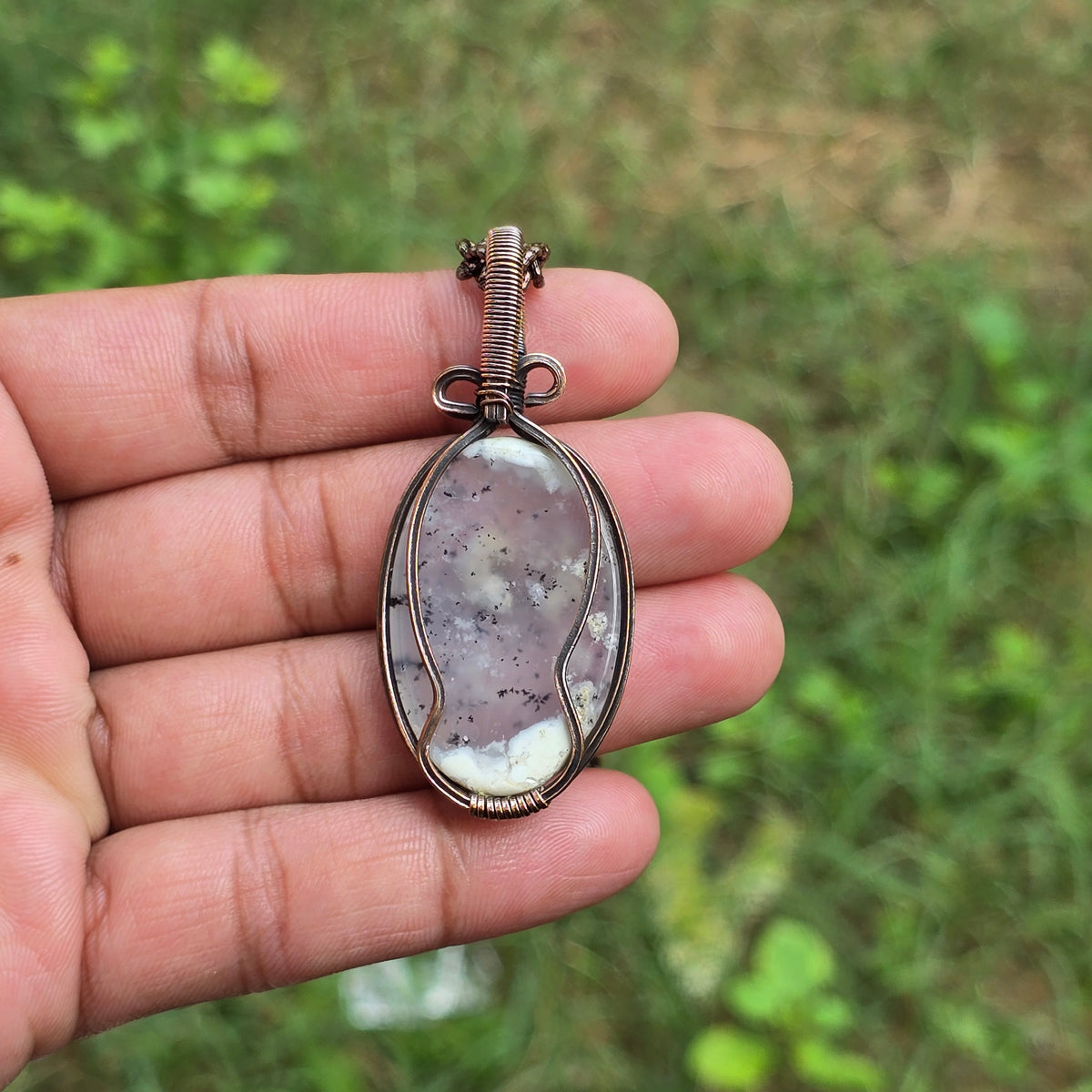 Dendrite Opal Gemstone Handmade Copper Wire Wrap Chain Pendant 2.36" Sunkarton