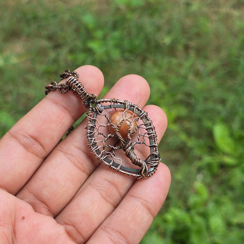Sunstone Gemstone Handmade Copper Wire Wrap Chain Pendant 2.36