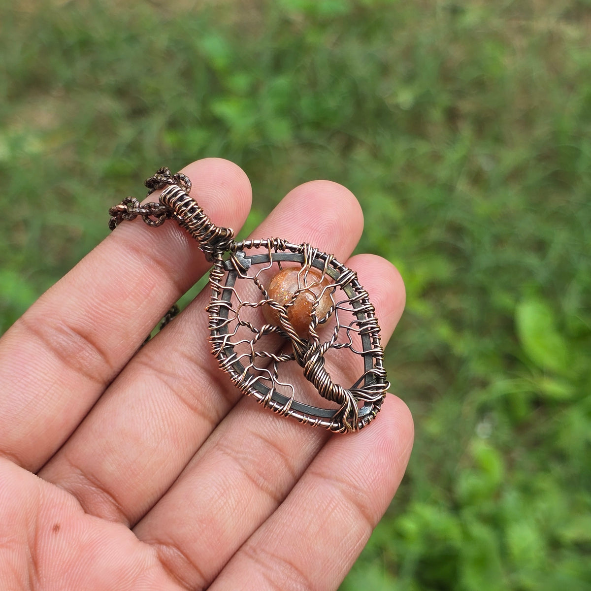 Sunstone Gemstone Handmade Copper Wire Wrap Chain Pendant 2.36" Sunkarton