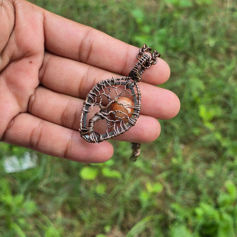 Sunstone Gemstone Handmade Copper Wire Wrap Chain Pendant 2.36