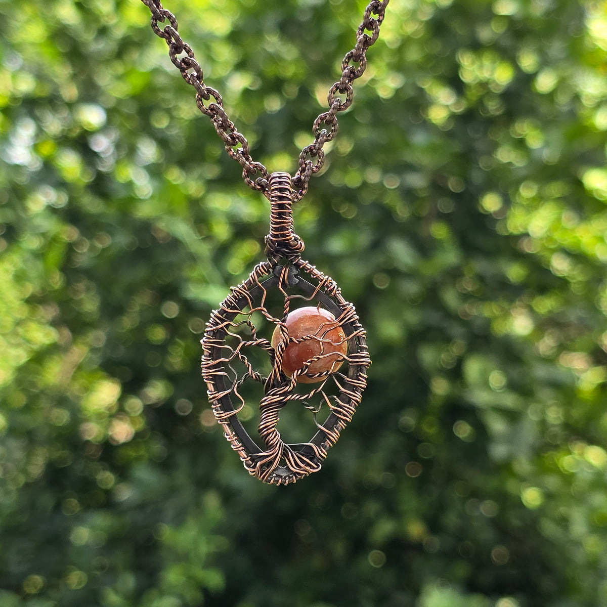 Sunstone Gemstone Handmade Copper Wire Wrap Chain Pendant 2.36" Sunkarton