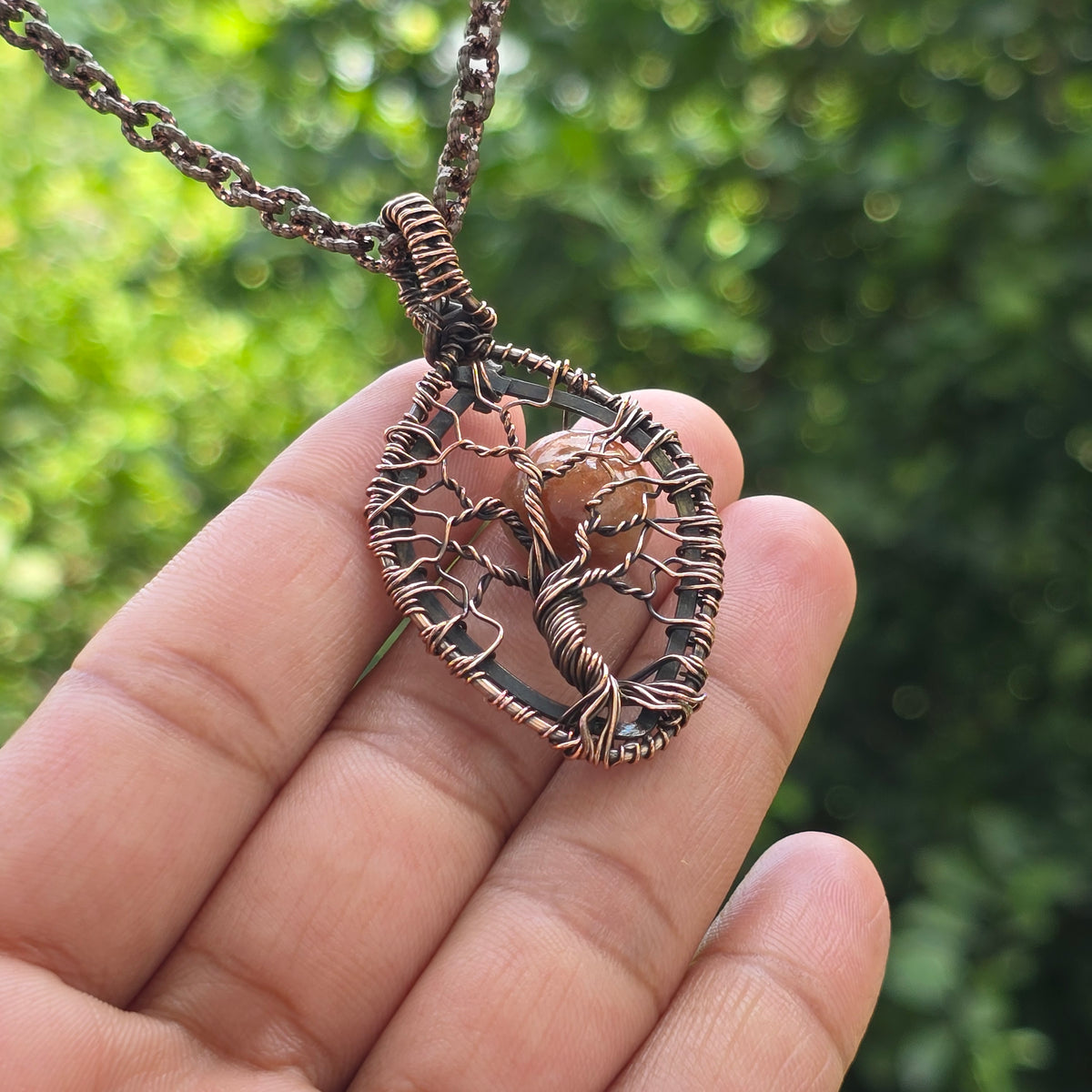 Sunstone Gemstone Handmade Copper Wire Wrap Chain Pendant 2.36" Sunkarton