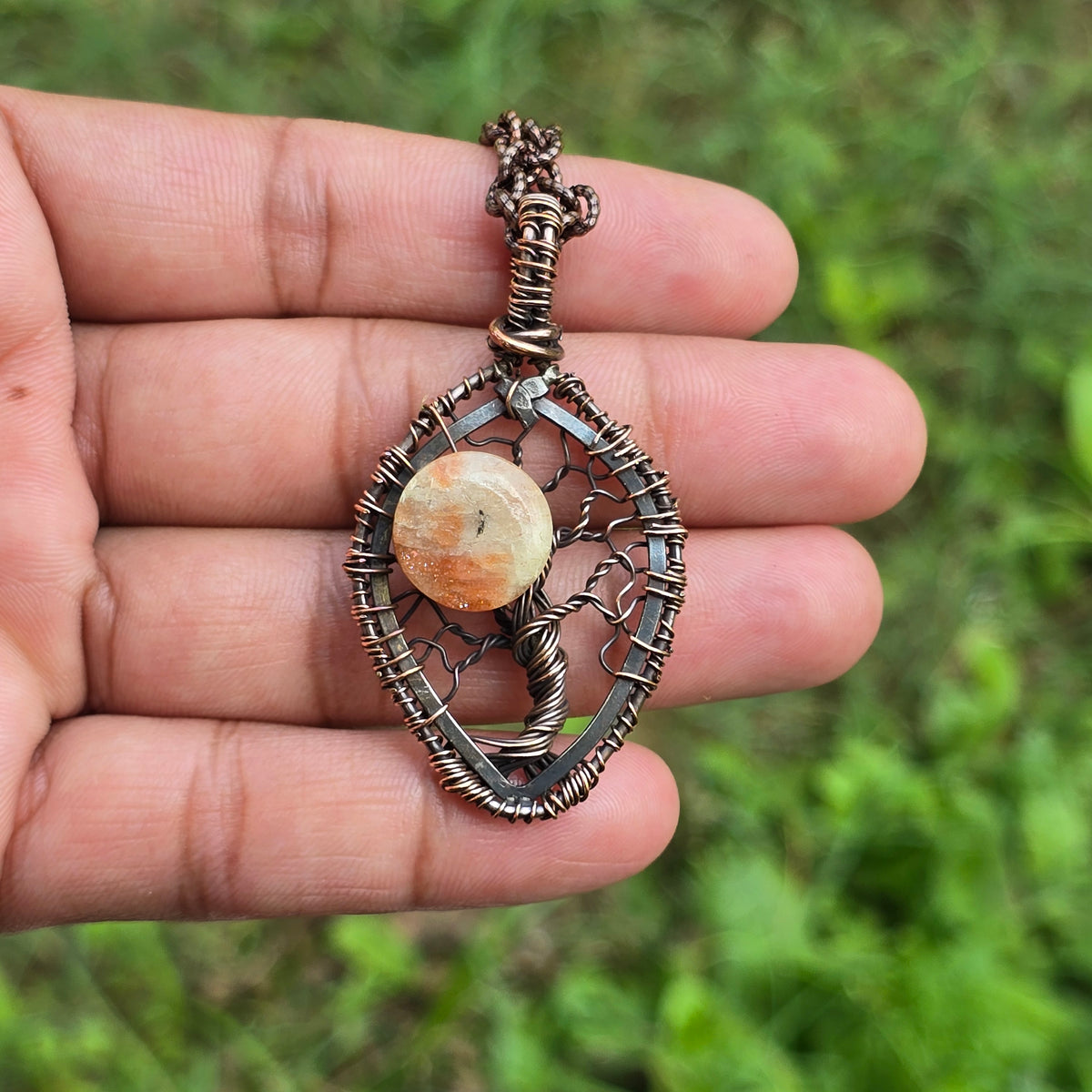 Sunstone Gemstone Handmade Copper Wire Wrap Chain Pendant 2.36" Sunkarton