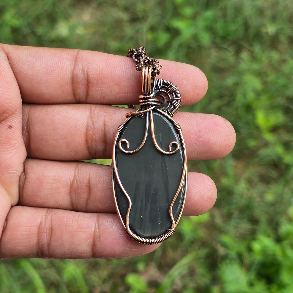 Polychrome Jasper Gemstone Handmade Copper Wire Wrap Chain Pendant 2.55" Sunkarton