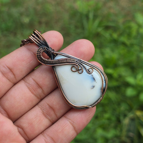 Dendrite Opal Gemstone Handmade Copper Wire Wrap Chain Pendant 2.55