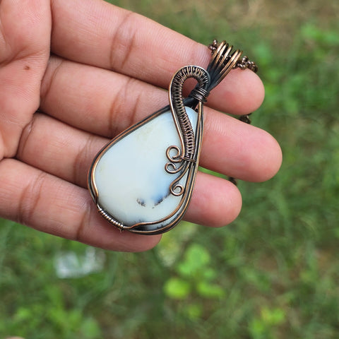 Dendrite Opal Gemstone Handmade Copper Wire Wrap Chain Pendant 2.55