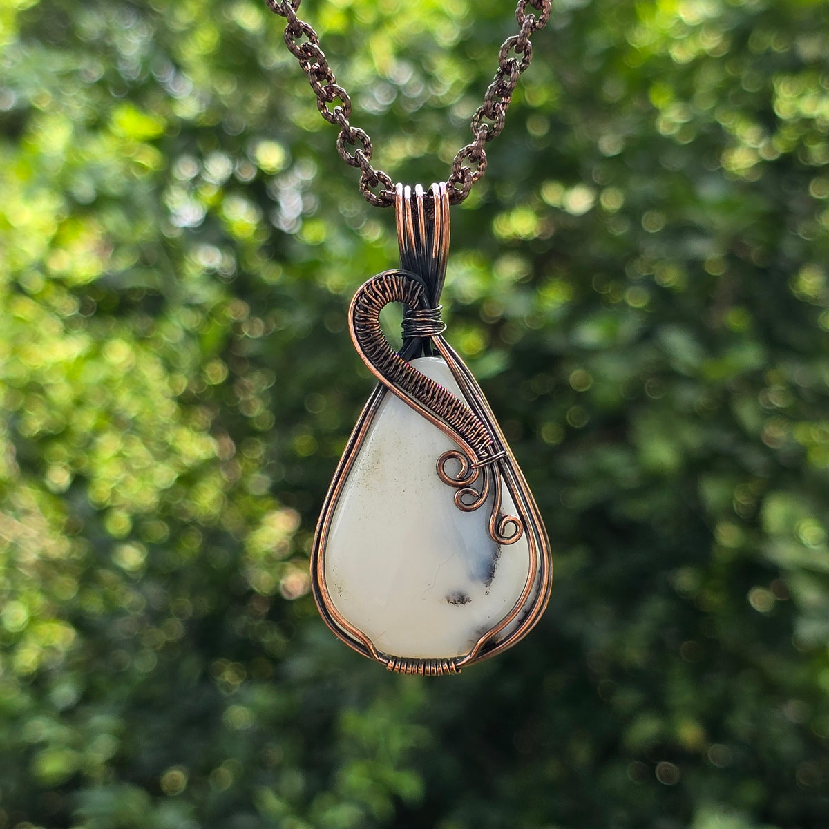 Dendrite Opal Gemstone Handmade Copper Wire Wrap Chain Pendant 2.55" Sunkarton