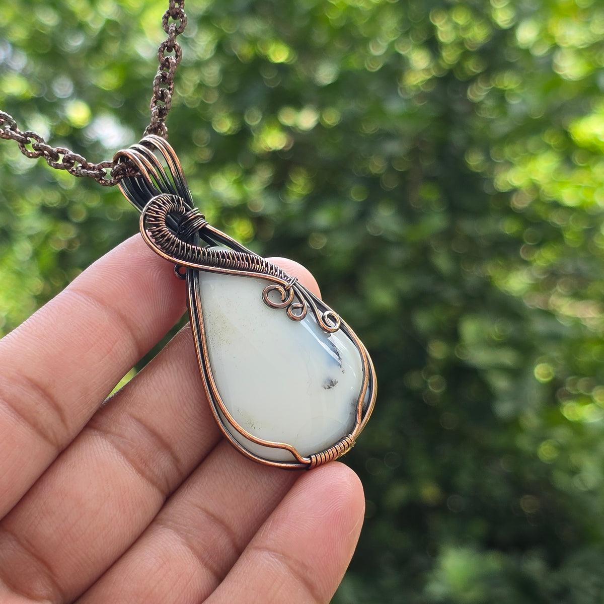 Dendrite Opal Gemstone Handmade Copper Wire Wrap Chain Pendant 2.55" Sunkarton