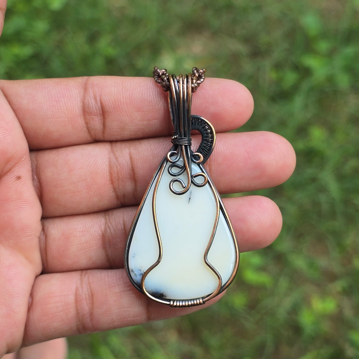 Dendrite Opal Gemstone Handmade Copper Wire Wrap Chain Pendant 2.55" Sunkarton