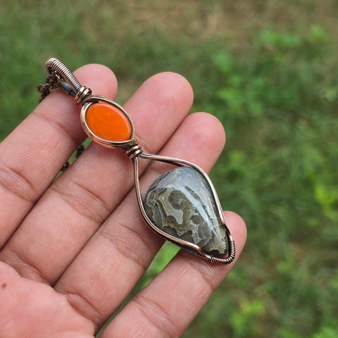 Crazy Lace Agate Gemstone Handmade Copper Wire Wrap Chain Pendant 3.34