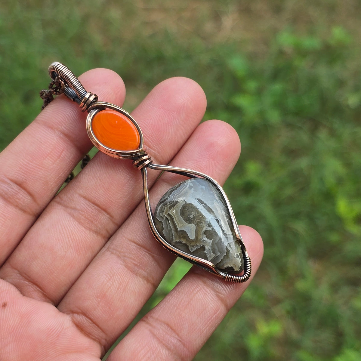 Crazy Lace Agate Gemstone Handmade Copper Wire Wrap Chain Pendant 3.34" Sunkarton