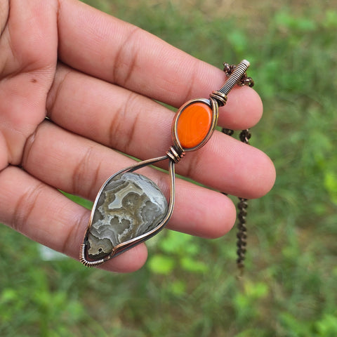 Crazy Lace Agate Gemstone Handmade Copper Wire Wrap Chain Pendant 3.34