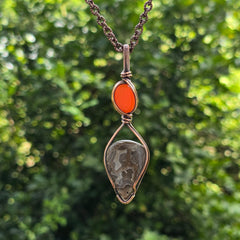 Crazy Lace Agate Gemstone Handmade Copper Wire Wrap Chain Pendant 3.34" Sunkarton