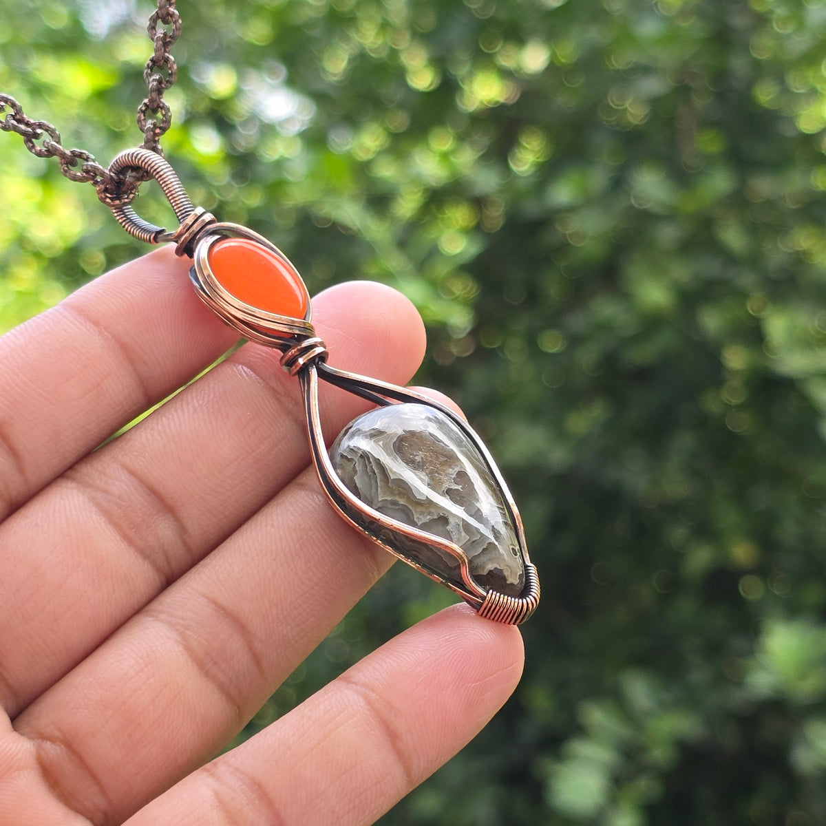 Crazy Lace Agate Gemstone Handmade Copper Wire Wrap Chain Pendant 3.34" Sunkarton