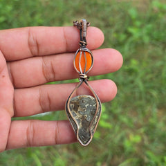 Crazy Lace Agate Gemstone Handmade Copper Wire Wrap Chain Pendant 3.34" Sunkarton