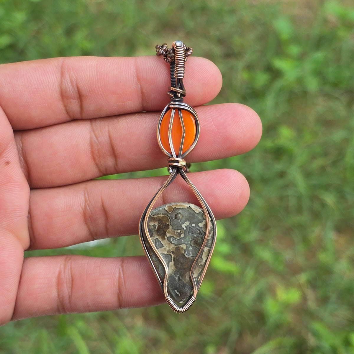 Crazy Lace Agate Gemstone Handmade Copper Wire Wrap Chain Pendant 3.34" Sunkarton