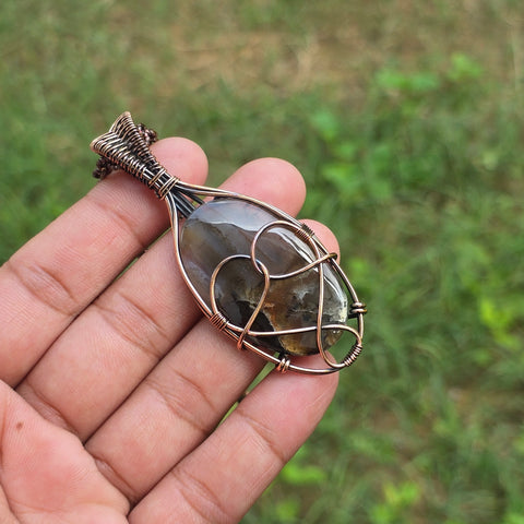 Montana Agate Gemstone Handmade Copper Wire Wrap Chain Pendant 2.95