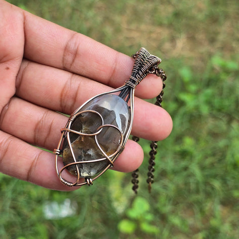 Montana Agate Gemstone Handmade Copper Wire Wrap Chain Pendant 2.95
