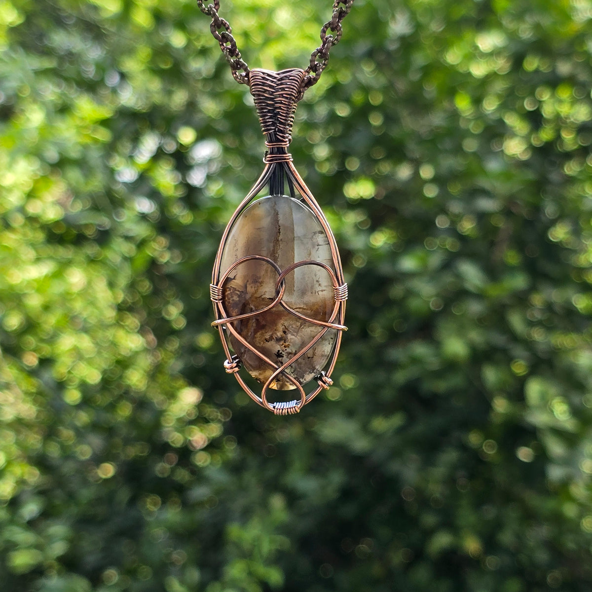Montana Agate Gemstone Handmade Copper Wire Wrap Chain Pendant 2.95" Sunkarton