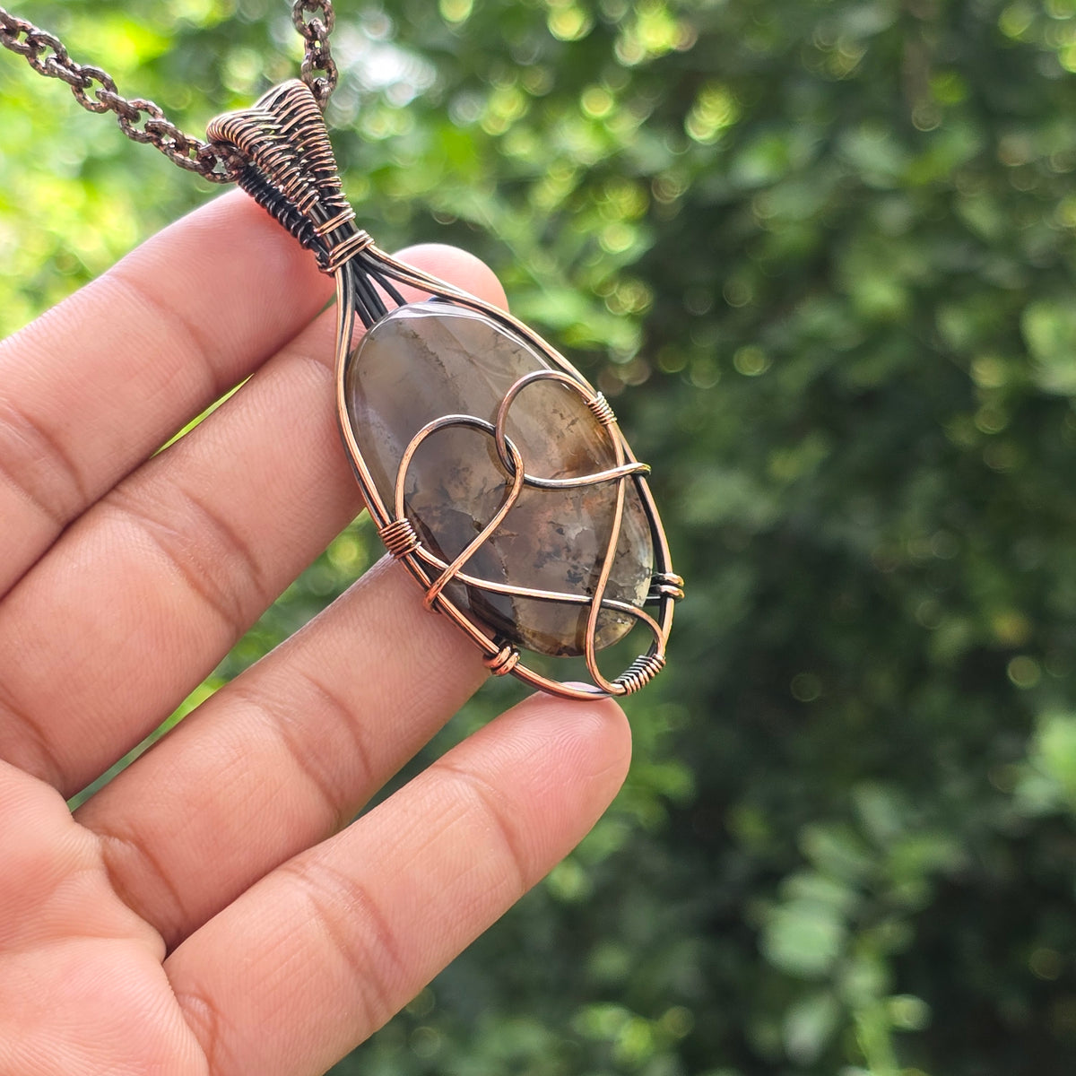 Montana Agate Gemstone Handmade Copper Wire Wrap Chain Pendant 2.95" Sunkarton