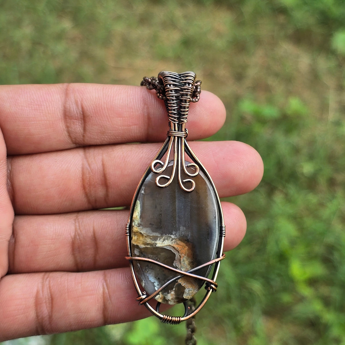 Montana Agate Gemstone Handmade Copper Wire Wrap Chain Pendant 2.95" Sunkarton