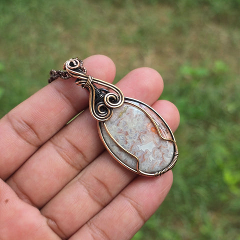 Crazy Lace Agate Gemstone Handmade Copper Wire Wrap Chain Pendant 2.36