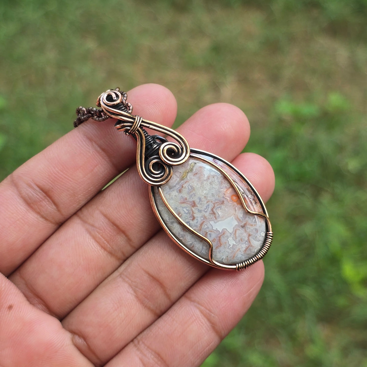 Crazy Lace Agate Gemstone Handmade Copper Wire Wrap Chain Pendant 2.36" Sunkarton