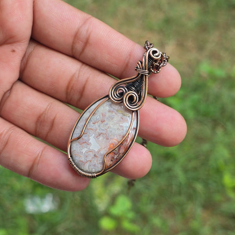 Crazy Lace Agate Gemstone Handmade Copper Wire Wrap Chain Pendant 2.36