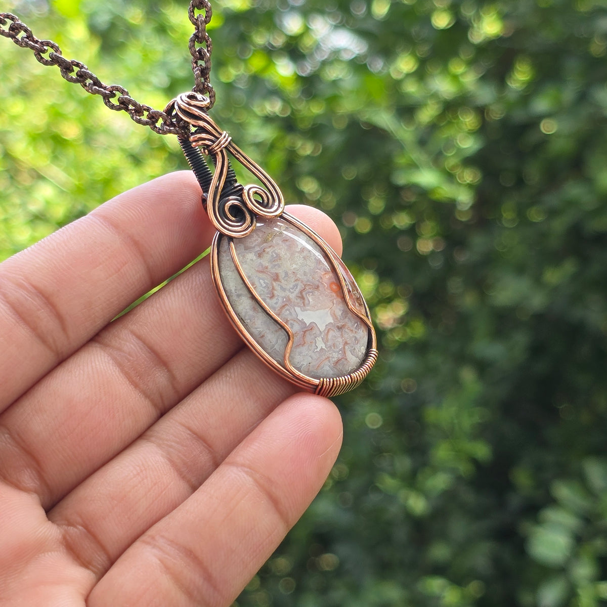 Crazy Lace Agate Gemstone Handmade Copper Wire Wrap Chain Pendant 2.36" Sunkarton