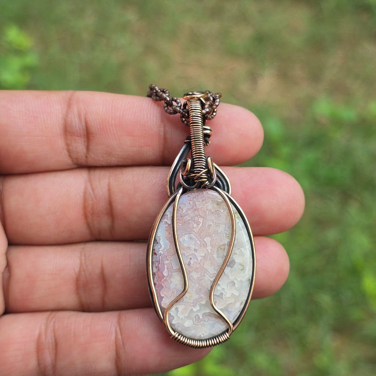Crazy Lace Agate Gemstone Handmade Copper Wire Wrap Chain Pendant 2.36" Sunkarton