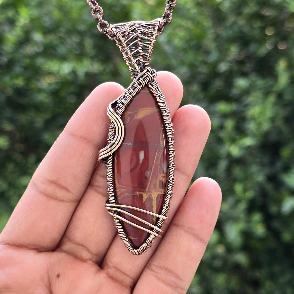 Noreena Jasper Gemstone Handmade Copper Wire Wrap Chain Pendant 3.54" Sunkarton