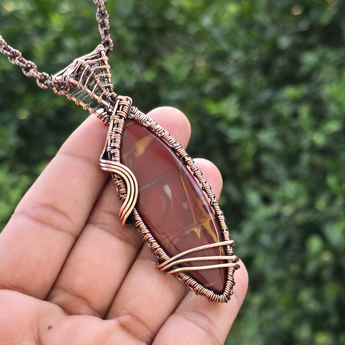 Noreena Jasper Gemstone Handmade Copper Wire Wrap Chain Pendant 3.54" Sunkarton