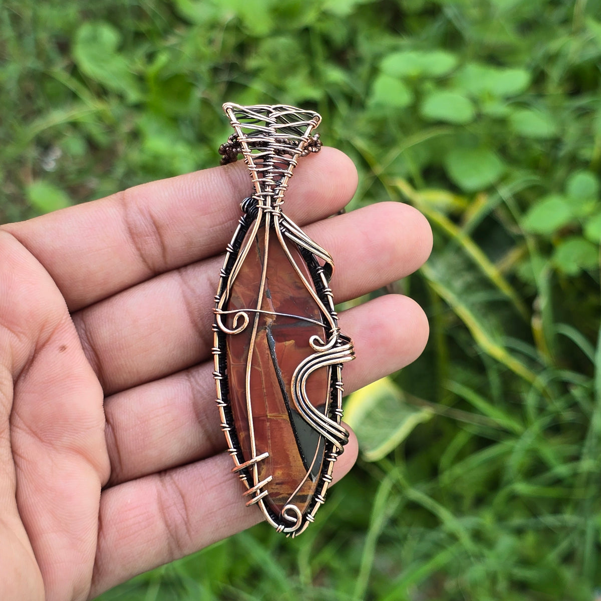 Noreena Jasper Gemstone Handmade Copper Wire Wrap Chain Pendant 3.54" Sunkarton