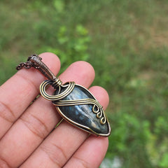 Labradorite Gemstone Handmade Copper Wire Wrap Chain Pendant 3.36" Sunkarton