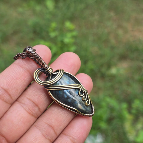 Labradorite Gemstone Handmade Copper Wire Wrap Chain Pendant 3.36