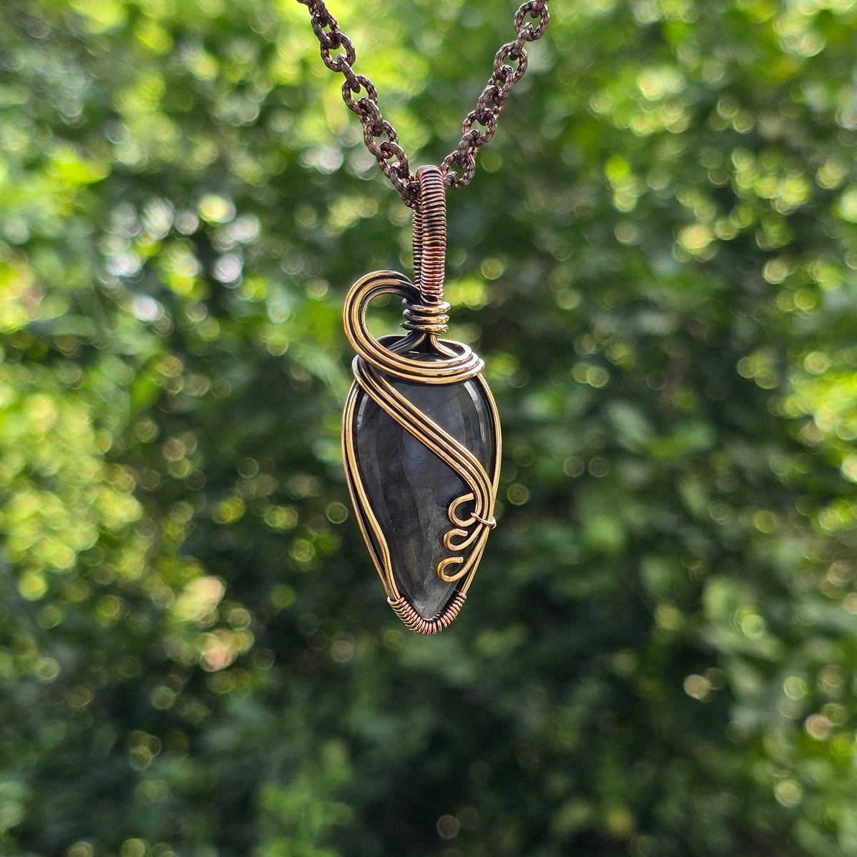 Labradorite Gemstone Handmade Copper Wire Wrap Chain Pendant 3.36" Sunkarton