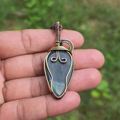 Labradorite Gemstone Handmade Copper Wire Wrap Chain Pendant 3.36" Sunkarton