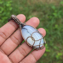 Dendrite Opal Gemstone Handmade Copper Wire Wrap Chain Pendant 2.75" Sunkarton