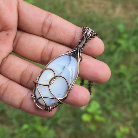 Dendrite Opal Gemstone Handmade Copper Wire Wrap Chain Pendant 2.75